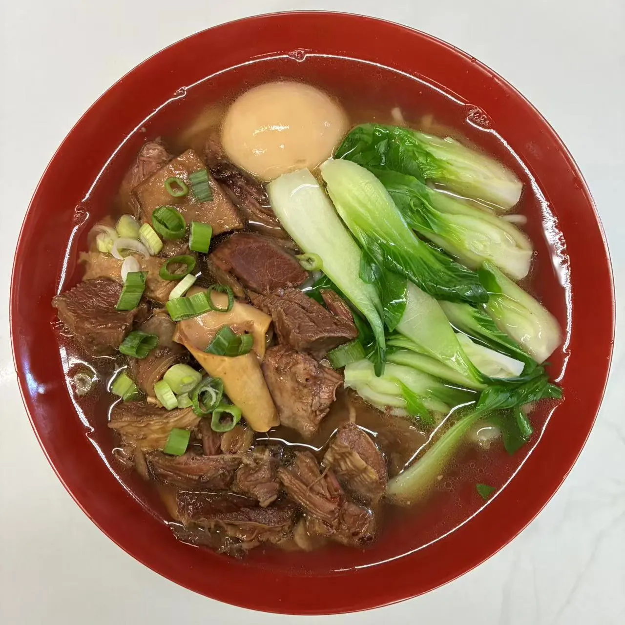 Beef soup rice noodles with bok choy and marinated egg at Impression Guilin Noodle, a Chinese Noodle Restaurant in Monterey Park